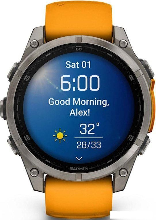 Умные часы Garmin Fenix 8 Sapphire, Titanium 47мм (светло-серый, оранжевый силиконовый ремешок)