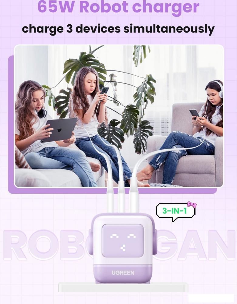 Сетевое зарядное Ugreen Nexode RG 65W CD361 (белый/сиреневый)
