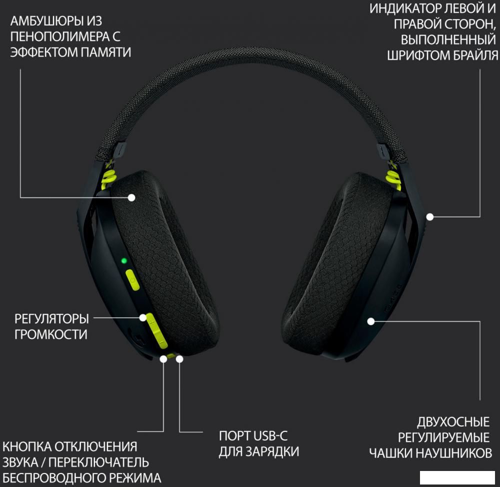 Наушники Logitech G435 Lightspeed (черный/неоновый желтый)