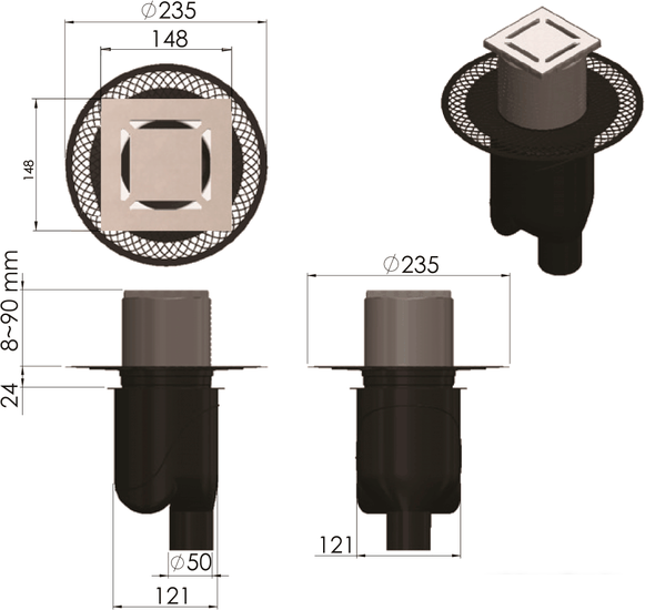 Трап/канал Berges Wasserhaus Platz Norma 150x150 090059 (матовый хром)