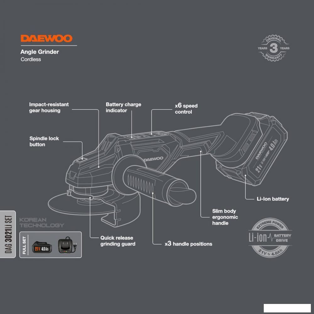 Угловая шлифмашина Daewoo Power DAG 3021Li Set (с 1-им АКБ)
