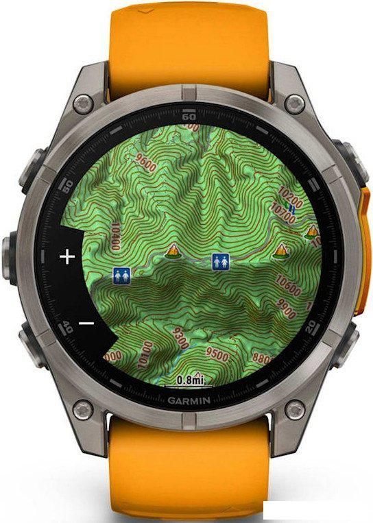 Умные часы Garmin Fenix 8 Sapphire, Titanium 47мм (светло-серый, оранжевый силиконовый ремешок)