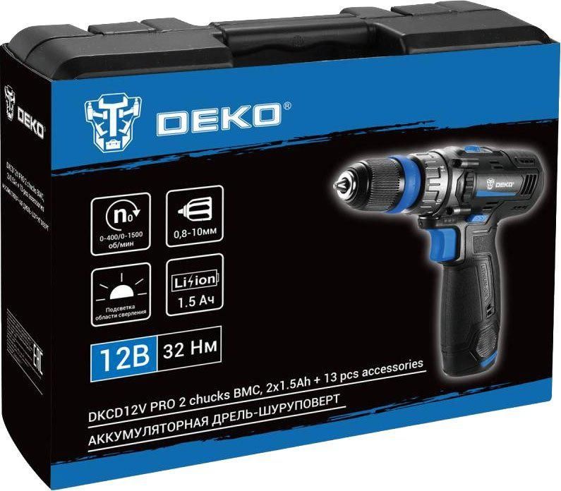 Дрель-шуруповерт Deko DKCD12V PRO 083-1004 (с 2-мя АКБ 1.5Ач, кейс)
