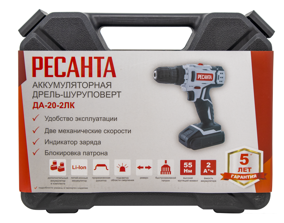 Дрель-шуруповерт Ресанта ДА-20-2ЛК (с 2-мя АКБ, кейс)